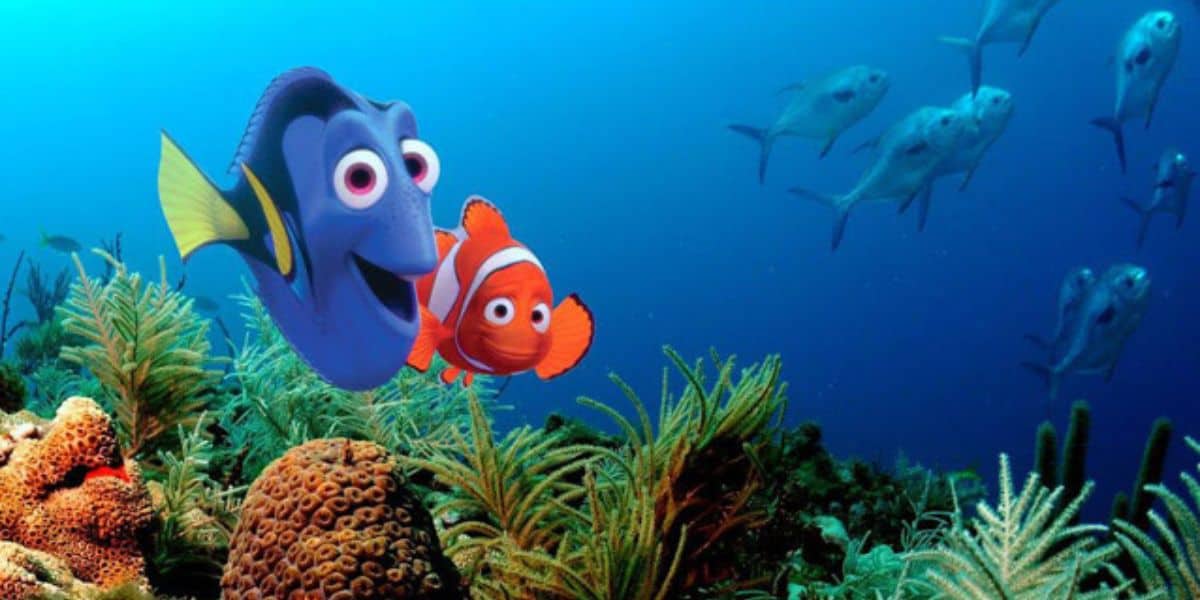 Two animated fish, a blue tang voiced by Ellen and an orange clownfish, swim together above colorful coral reefs in a vibrant underwater scene with several silver fish in the background.