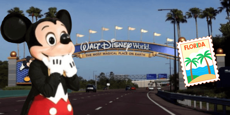 Mickey Mouse stands in front of the Walt Disney World entrance sign with palm trees and flags, alongside a Florida-themed postage stamp illustration featuring quirky Florida Men.