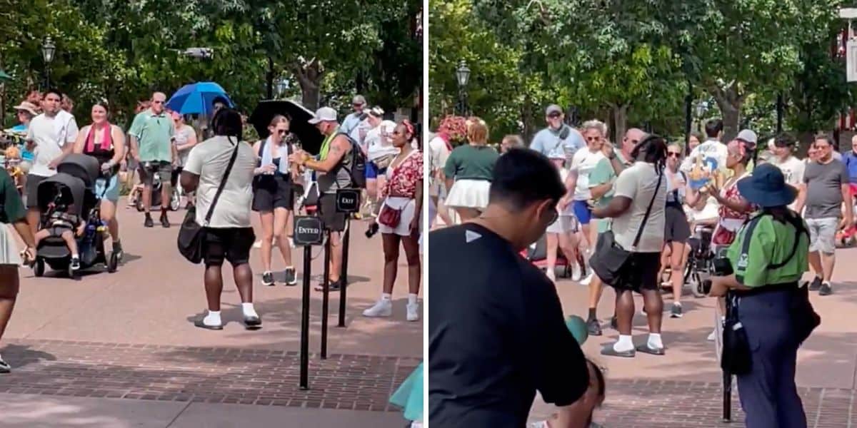 A group of people stand outside a theme park entrance, some with strollers and bags. Trees provide shade while staff in green uniforms assist guests near a ticket area where a guest breaks rules at Disney.