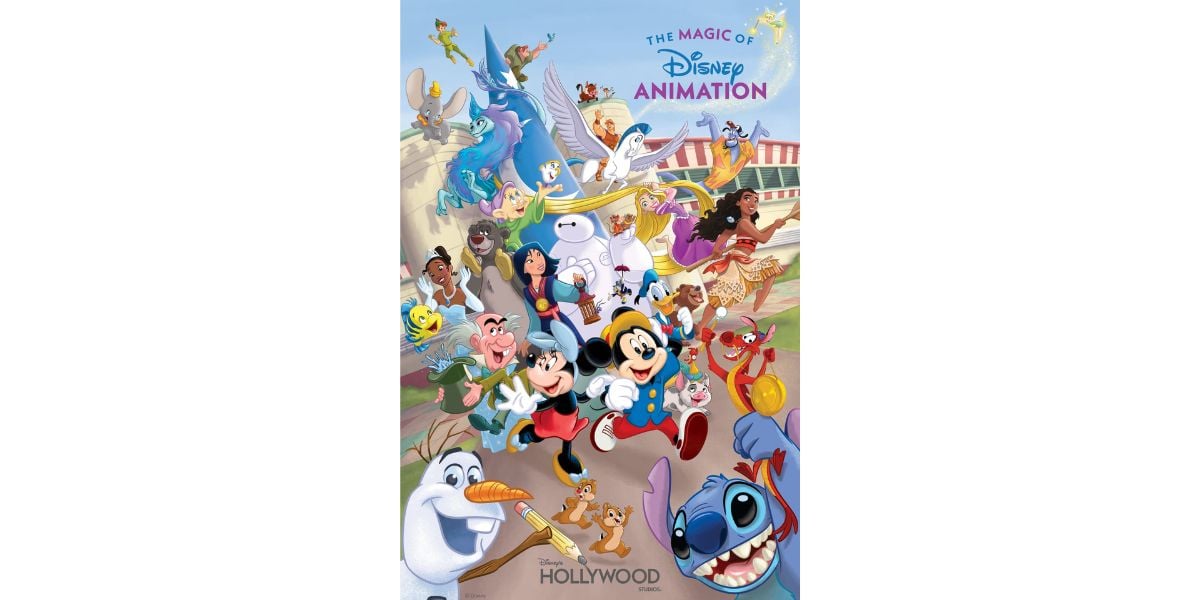 Concept art for The Magic of Animation, including multiple Disney animated characters