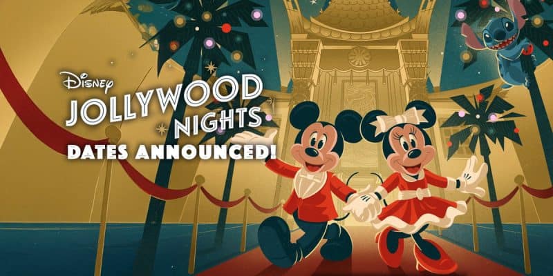 Illustration of Mickey and Minnie Mouse in red and white formal outfits, walking a red carpet with palm trees and lights. Text reads "Disney Jollywood Nights 2025 Dates Announced!" Stitch peeks out from the top right corner, ready for Sparkle Season.