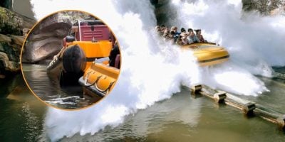 Jurassic Park River Adventure at Universal Orlando with a smaller image of two of the ride boats that collided