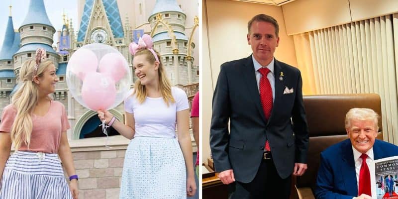 The image is split in two: on the left, Disney Adults Are Weird vibes as two women smile with pink Mickey Mouse balloons at a theme park castle; on the right, two men in suits, one seated, pose in an office setting.