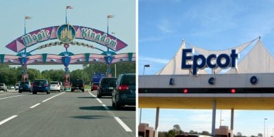 Split image: Left side shows cars entering the colorful Magic Kingdom entrance at Disney World; right side shows the Epcot entrance sign with white canopy above and vehicles below.