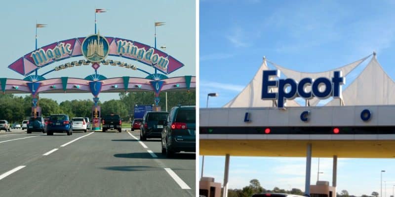Split image: Left side shows cars entering the colorful Magic Kingdom entrance at Disney World; right side shows the Epcot entrance sign with white canopy above and vehicles below.