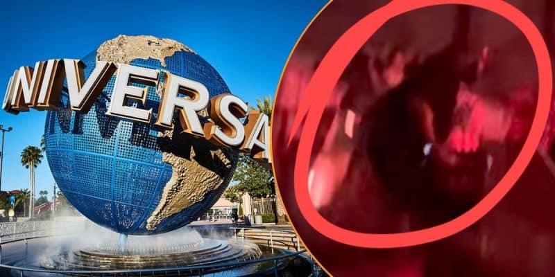 Left: The Universal globe. Right: A circled man mid-jumping off the 'Minions' ride at Universal Orlando.
