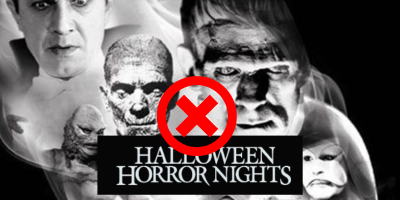 Black-and-white collage of Universal Classic Monsters with a red X over them and “Halloween Horror Nights” at the bottom center.