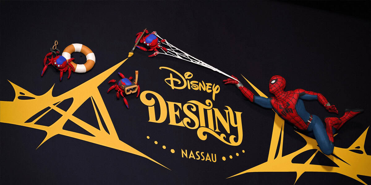 A 3D wall display features Marvel's Spider-Man swinging on a web above the words "Disney Destiny Nassau," with two small Spider-Bots and a life preserver set against a dark background with yellow decorative shapes.