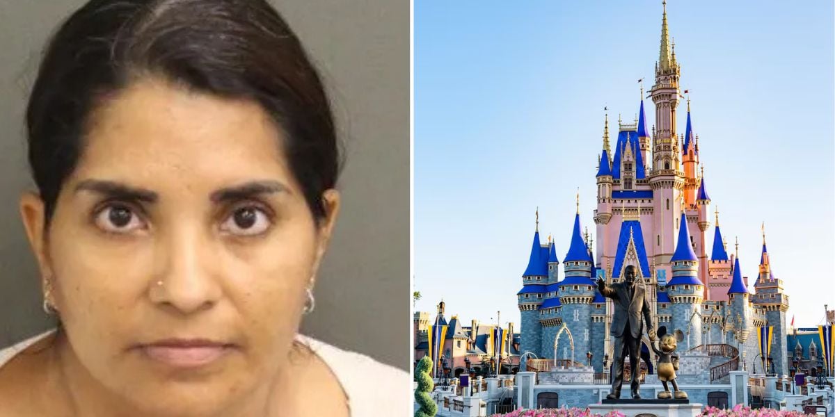 A split image shows a close-up of a woman with dark hair and a serious expression on the left, while on the right is Cinderella Castle at Disney World—highlighting the scene of a recent Disney World arrest.