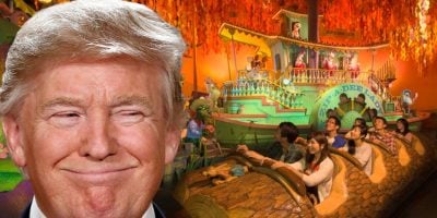 Donald Trump edited in front of the interior of Splash Mountain, smirking.