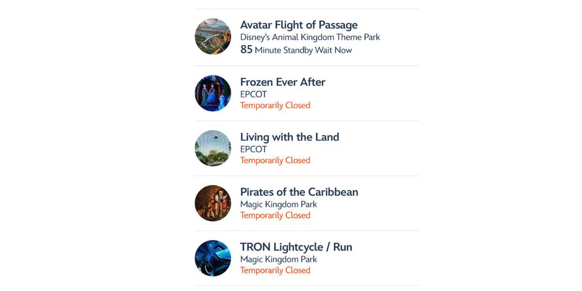 A list of Disney World attractions showing status: Avatar Flight of Passage has a wait time; Frozen Ever After, Living with the Land, Pirates of the Caribbean, and TRON Lightcycle/Run are marked "Temporarily Closed" at Disney World.