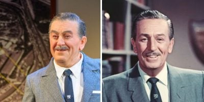 Side-by-side comparison of a Disney Animatronic wax figure and a real person, both in gray suits, white shirts, and black ties, with matching hairstyles and mustaches, smiling and posing in indoor settings.
