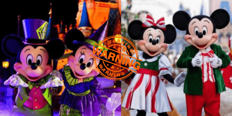 Mickey and Minnie Mouse in Halloween costumes on the left, and in Christmas outfits on the right—spotlighting their changes for iconic events at Disney World—with an orange "WARNING" stamp over the image’s center.