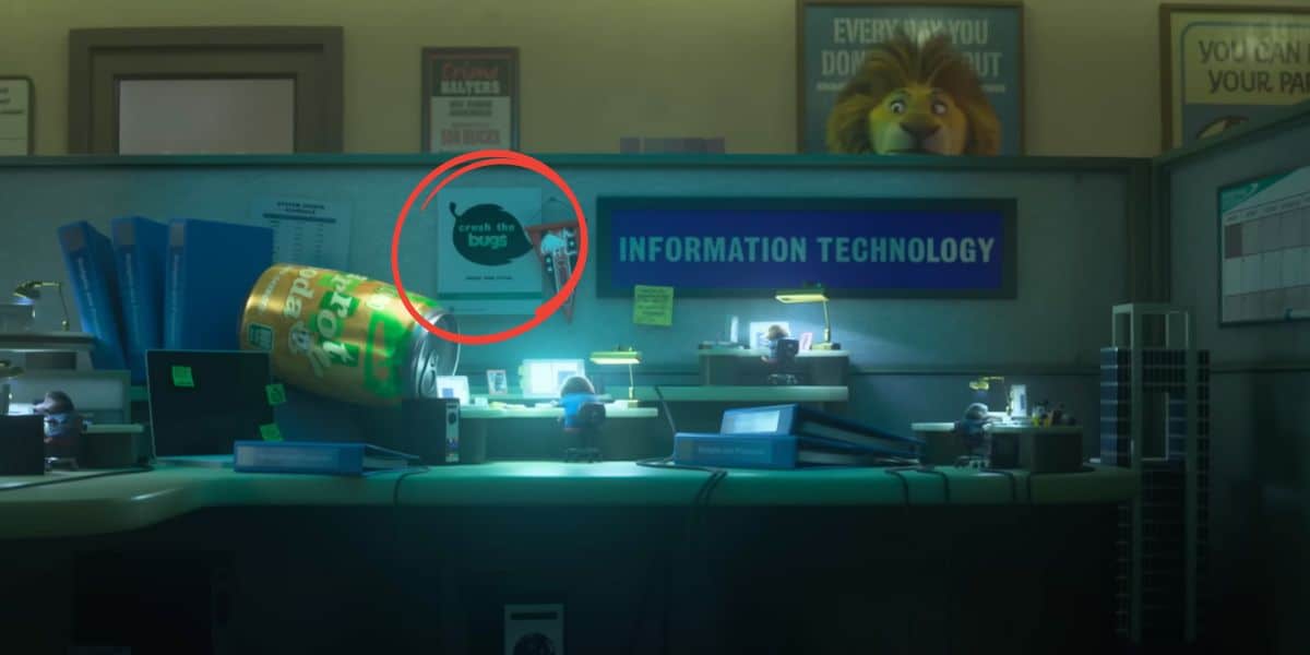 A dimly lit office cubicle labeled "INFORMATION TECHNOLOGY" is cluttered with computers, papers, and a tipped-over soda can. A poster reads "crush the bugs," circled in red—a lion peeks over the wall like a Zootopia 2 Trailer Secret cameo.