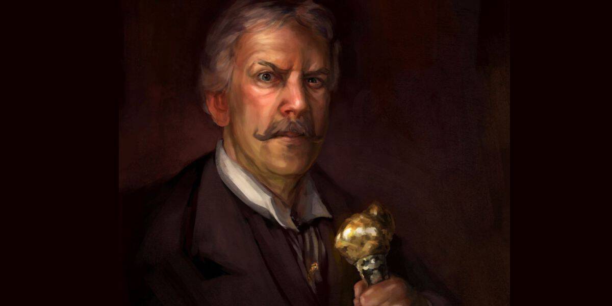 A stern older man with gray hair, a thick mustache, and a suit holds a golden cane or scepter, evoking the Wild Return of Big Thunder Mountain, against a dark, shadowy background in this painted portrait.