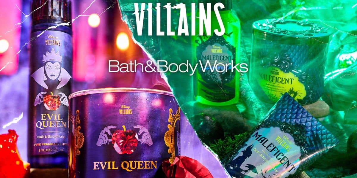 Bath and Body Works Disney Villains collection display featuring Evil Queen-themed products on the left and Maleficent-themed products on the right, separated by a vibrant crack with colorful lighting.
