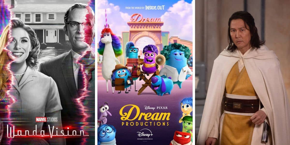 Three images: WandaVision, Dream Productions, and The Acolyte