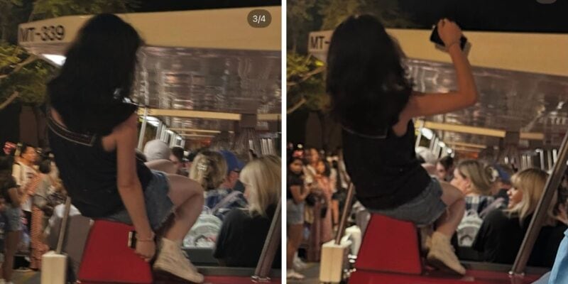 A woman refuses to sit on the Disneyland Tram
