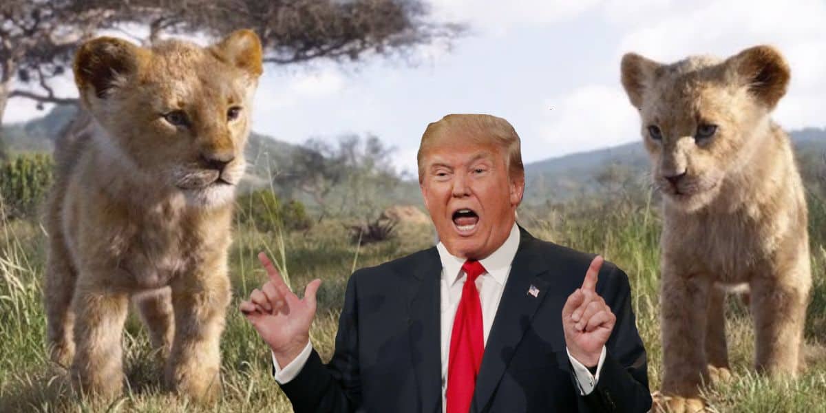 Donald Trump between Simba and Nala in the Live Action Lion King