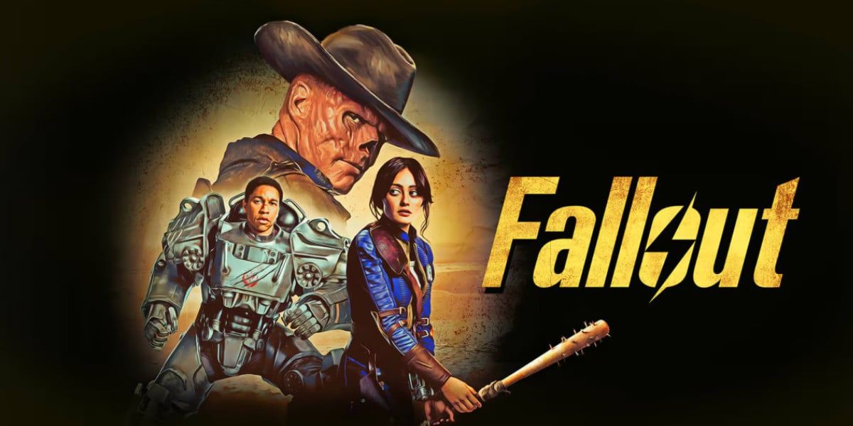 Three characters from the Fallout series—a man in power armor, a woman in a blue jumpsuit holding a bat, and a stern older man in a cowboy hat—stand ready for horror nights, with the yellow Fallout logo beside them on a dark background.