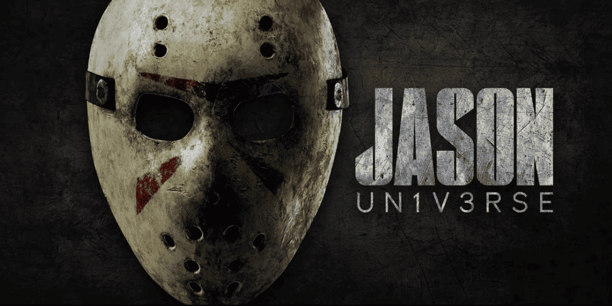 A worn hockey mask with red marks is shown on a dark background, evoking horror nights. Next to it, bold metallic text reads “JASON UN1V3RSE.”.