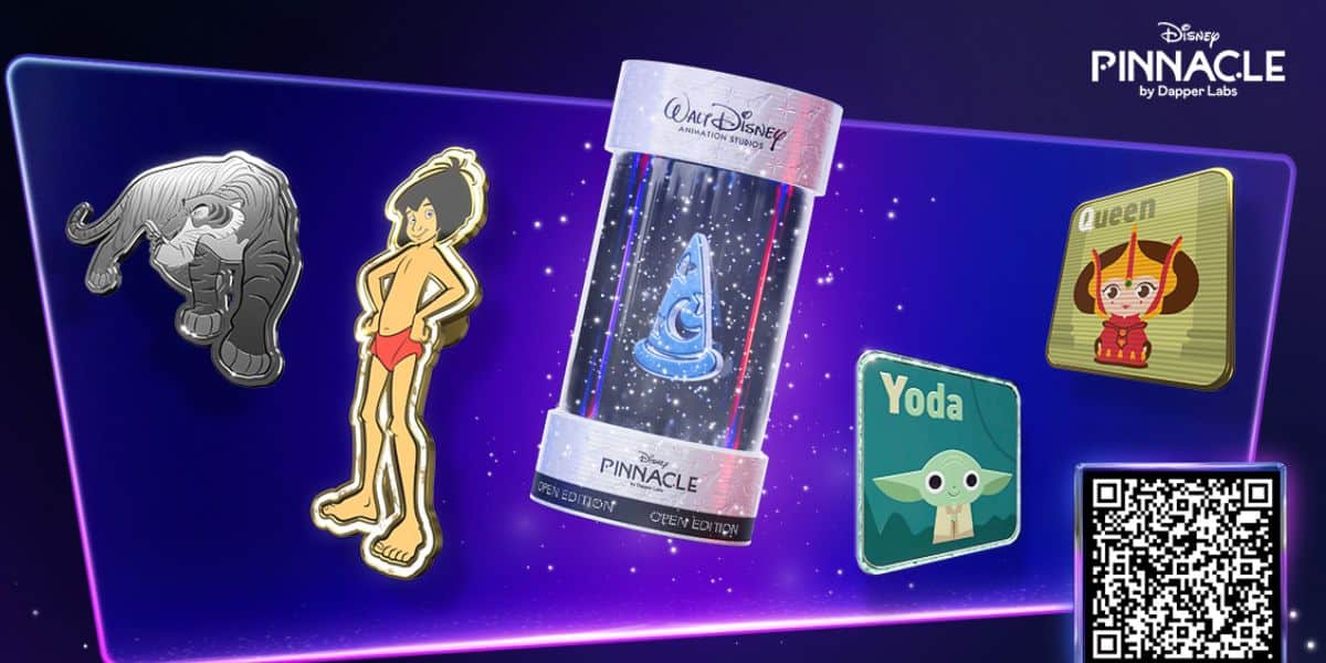 A digital display features collectible pins of characters including Dumbo, Mowgli, Grogu (Baby Yoda), and Queen Amidala—plus a sorcerer hat pin tube and a QR code—for an Exclusive Finds Sneak Peek under the Disney Pinnacle logo.