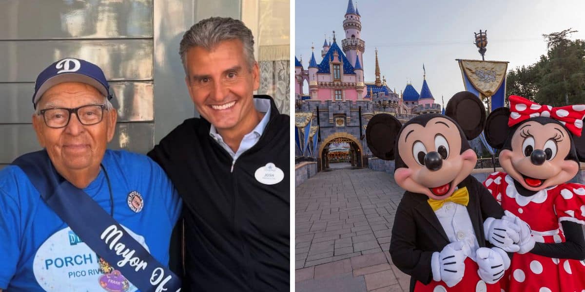 Split Image: (Left) Porch Potato Frank and Josh D'Amaro, (Right) Mickey and Minnie in front of Sleeping Beauty Castle