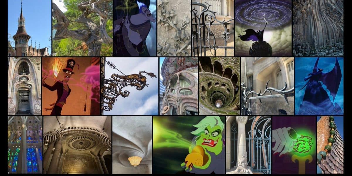 A collage showing Disney villains paired with Gothic and Art Nouveau architecture. Each animated villain is next to a photo of intricate, twisting structures, organic forms, or dramatic building details that echo their style.