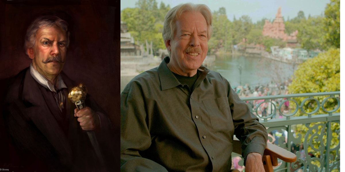 A split image: on the left, a painted portrait of a stern man holding a gold-topped cane; on the right, an older man with gray hair and a mustache smiles while sitting on a balcony overlooking a crowded amusement park.