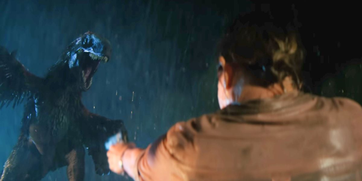 A raptor in the rain in the 'Primitive War' trailer