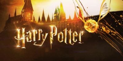 The image shows the Hogwarts castle at sunset, with the words "Harry Potter" in glowing gold letters, a golden snitch flying on the right side