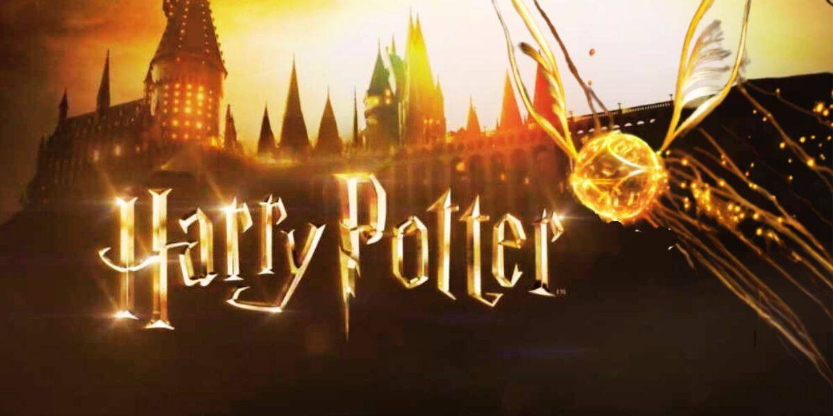 The image shows the Hogwarts castle at sunset, with the words "Harry Potter" in glowing gold letters, a golden snitch flying on the right side