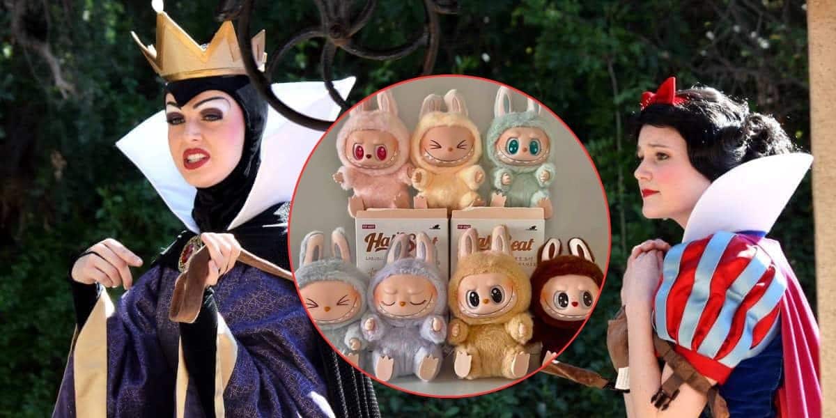 The Evil Queen glares at Snow White, who looks worried, while a circular inset shows five cute plush bunny toys in pastel colors called Labubus, each with a different expression, displayed with their boxes.