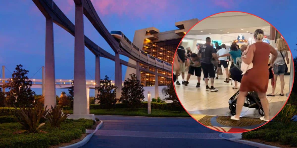 A monorail passes by elevated tracks at sunset near a hotel. In a circular inset, people walk inside a mall or airport; a woman in a brown dress holds a child while a man in black is on the floor.