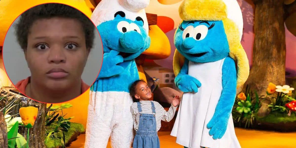 A young girl in overalls smiles while holding hands with two people in Smurf costumes. Inset is a circular photo of a person with short hair and a neutral expression. The background is a colorful cartoon-like setting.