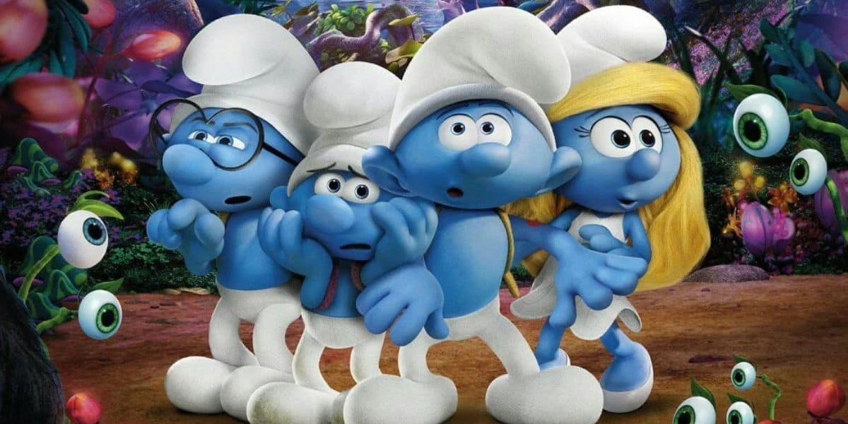 Four Smurfs, looking scared, stand close together in a colorful, mysterious forest with large flowers and floating green eyeballs surrounding them. The Smurfs include one wearing glasses and one with long blonde hair.