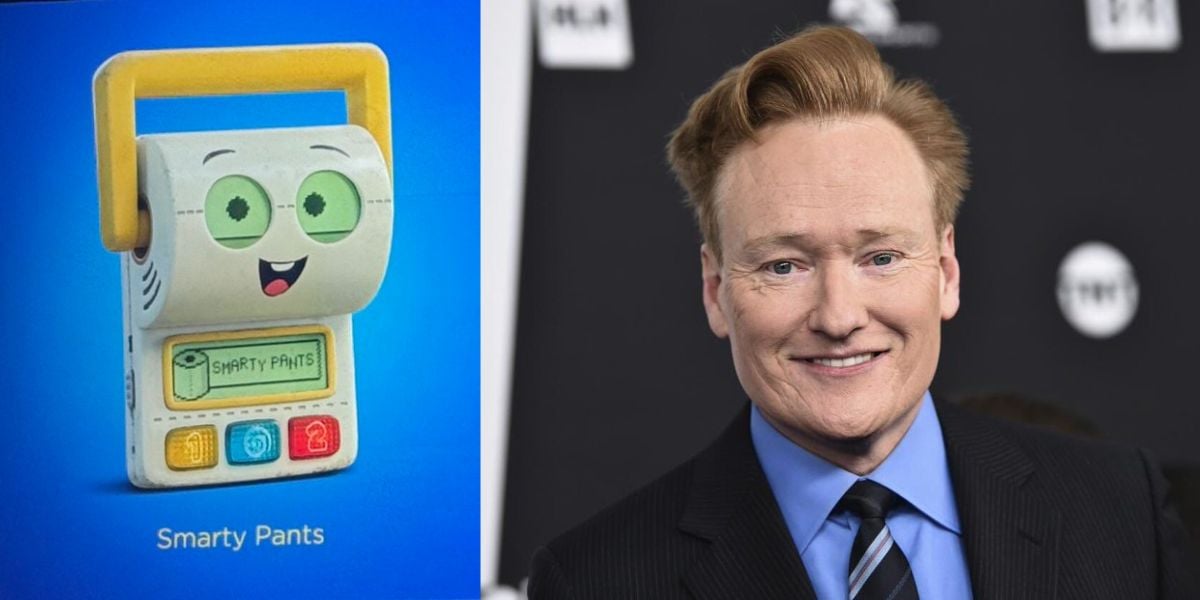Side-by-side images: On the left, a cartoon toy labeled “Smarty Pants” with green eyes and a happy face; on the right, a smiling man with light skin and reddish hair in a suit and blue tie at an event.