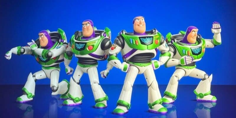 Four Buzz Lightyear action figures, each in a different pose, stand side by side against a bright blue background. The figures wear white, green, and purple space suits with clear helmets.