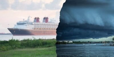 A split image showing a cruise ship on calm water with a clear sky on the left, and dark storm clouds over a coastal town and choppy water on the right as a Disney Cruise ship tries to get away.