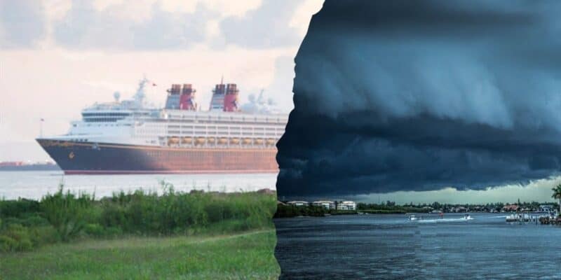A split image showing a cruise ship on calm water with a clear sky on the left, and dark storm clouds over a coastal town and choppy water on the right as a Disney Cruise ship tries to get away.