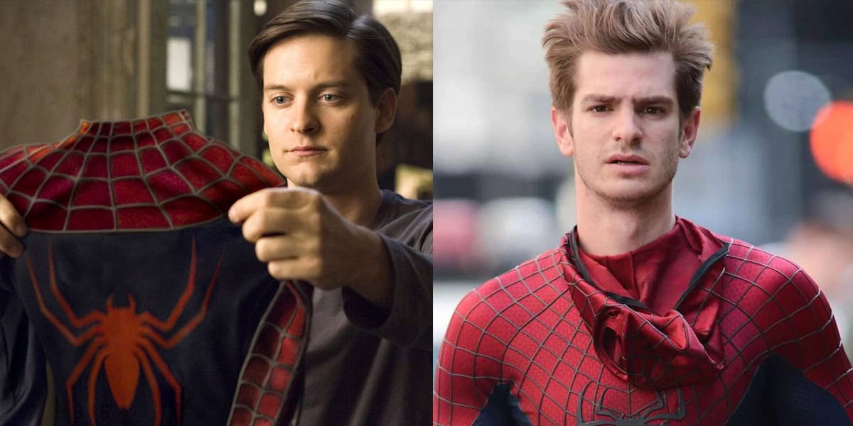 Split image: On the left, a man with short brown hair holds up a Spider-Man costume. On the right, Tom Holland wears a Spider-Man suit with the mask hanging around his neck in this exciting first look.