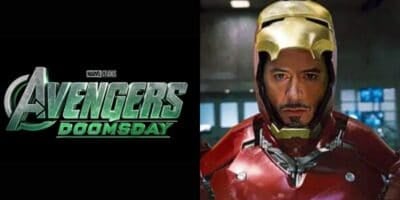 Split image: On the left, the “Avengers Doomsday” logo in metallic green. On the right, a person in an Iron Man suit faces forward inside a high-tech, doomsday-themed room illuminated dimly.