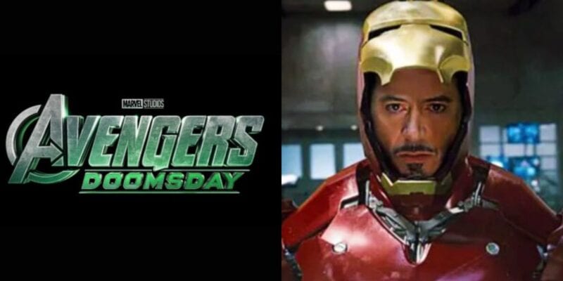 Split image: On the left, the “Avengers Doomsday” logo. On the right, Robert Downey Jr. as Iron Man