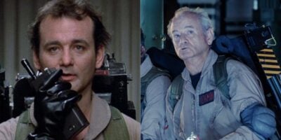 A split image shows iconic actor Bill Murray as a Ghostbuster: on the left, young with dark hair in the original film, holding a radio; on the right, older with gray hair in uniform in a recent movie amid actor retirement talks.
