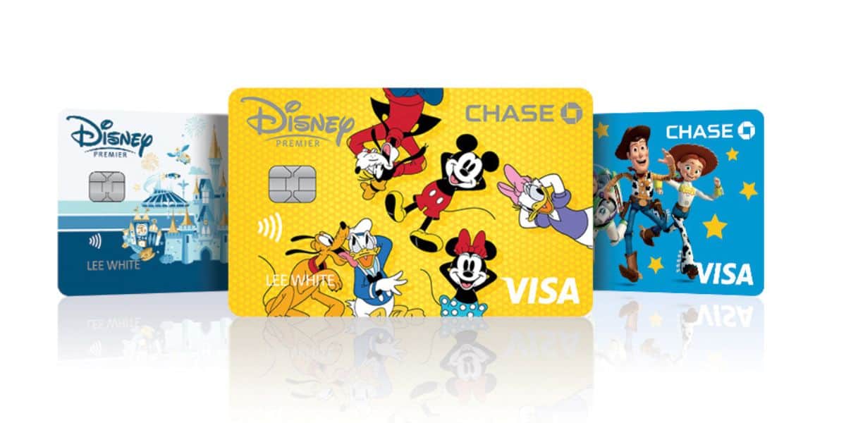 Three Disney-themed Chase Visa credit cards: one featuring the castle, one with classic characters, and one with Woody and Buzz Lightyear—perfect for fans seeking Exclusive Finds ahead of Destination D23 2025.