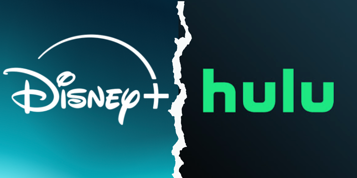 Split image featuring the Disney+ logo on the left and the Hulu logo on the right, separated by a jagged, torn edge—perfectly capturing the divide between Disney+ and Hulu.