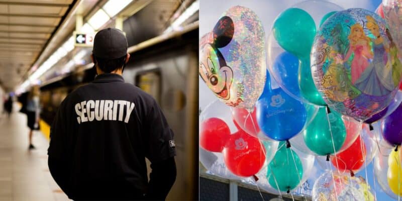 Split image: On the left, a security guard stands on a subway platform, symbolizing Disney security rules. On the right, colorful Disney-themed balloons, including Mickey Mouse and princesses, float outdoors against a blue sky.