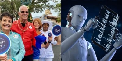 A group of four smiling people holding Disney Day signs stand outdoors on the left; on the right, an AI character examines a glowing tablet with a digital interface, hinting at the next decade of innovation.