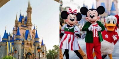 A split image showing Cinderella’s Castle at Disney World on the left, and on the right, people dressed as Minnie Mouse, Mickey Mouse, and Donald Duck in festive holiday outfits at a magical Christmas-themed land.