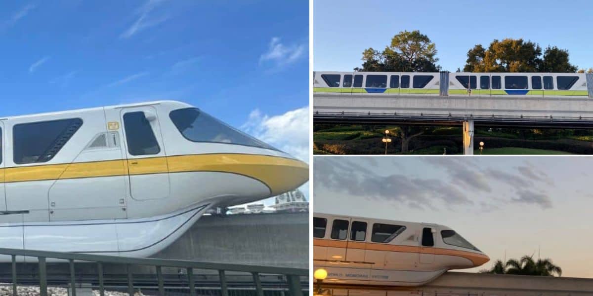 A collage of three images showing the Disney World monorail at Walt Disney World Resort